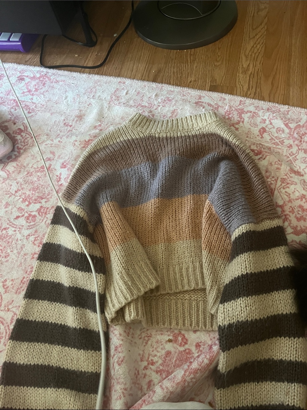 Striped Cropped Knit Sweater in Cream, Brown, Blue, and Tan